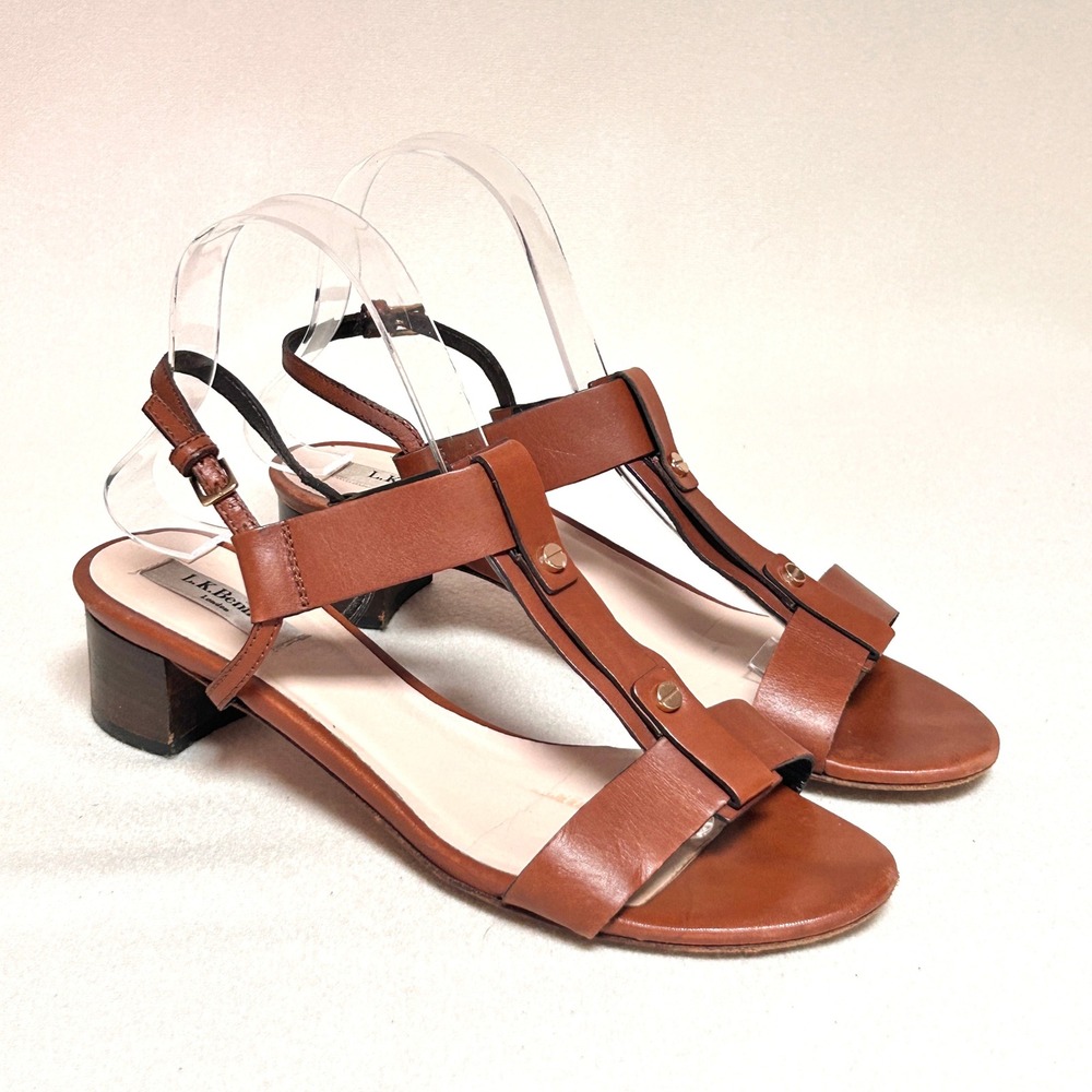 L.K. Bennett London Sandals 39 Cognac Brown Leather T Strap Block Heel